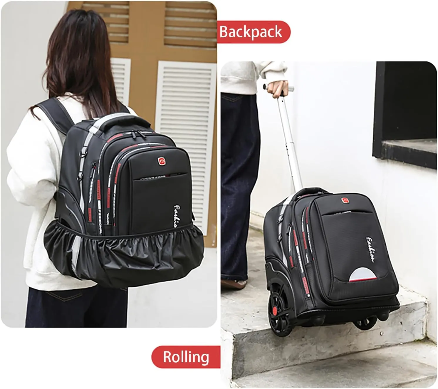 Waterproof Rolling Backpack for Women and Men, Laptop Backpack with Wheels for Adults, Carry on Backpack with Large Wheels for Travel and Business Commuter (Pink, 22inch)