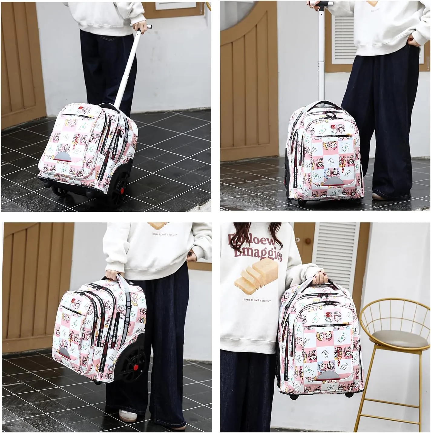 Waterproof Rolling Backpack for Women and Men, Laptop Backpack with Wheels for Adults, Carry on Backpack with Large Wheels for Travel and Business Commuter (Pink, 22inch)