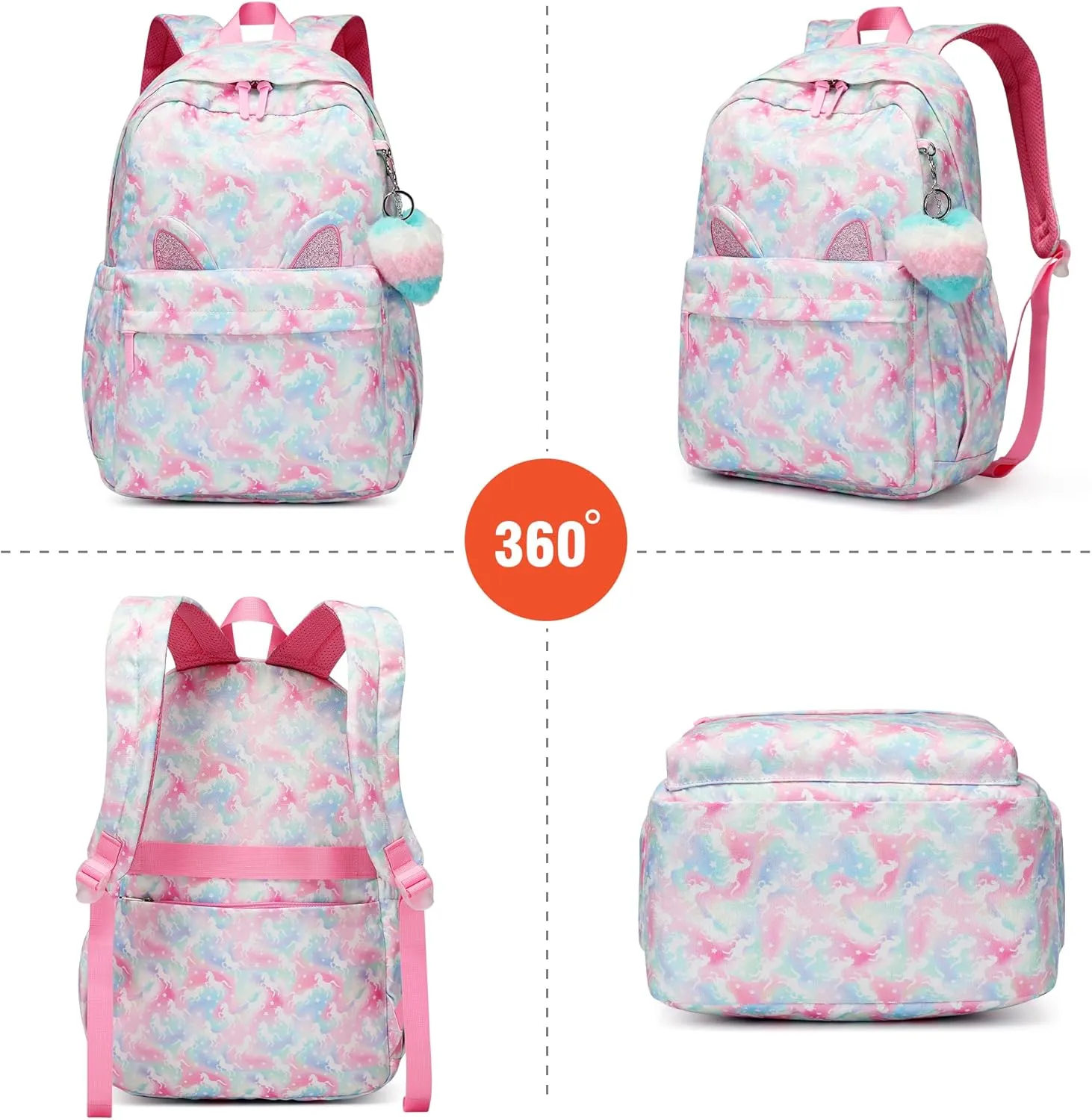 Waterproof School Backpack for Teens Kids 6-18Yrs-Lightweight Large Capacity Bookbag with Cat Ear & Heart Keychain,Durable Travel College Backpack for Daily Use 30L(Light Green Pink)