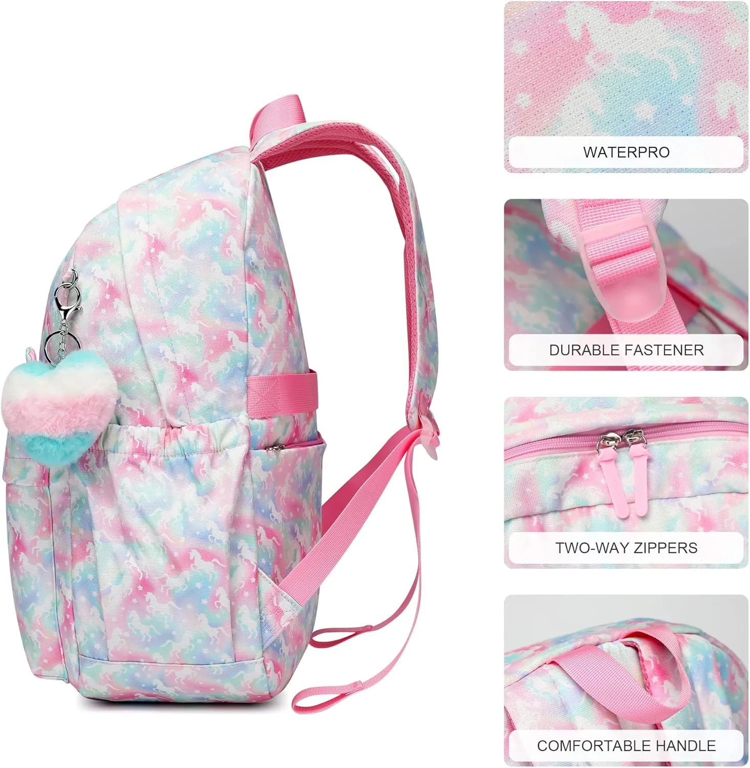 Waterproof School Backpack for Teens Kids 6-18Yrs-Lightweight Large Capacity Bookbag with Cat Ear & Heart Keychain,Durable Travel College Backpack for Daily Use 30L(Light Green Pink)