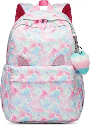 Waterproof School Backpack for Teens Kids 6-18Yrs-Lightweight Large Capacity Bookbag with Cat Ear & Heart Keychain,Durable Travel College Backpack for Daily Use 30L(Light Green Pink)