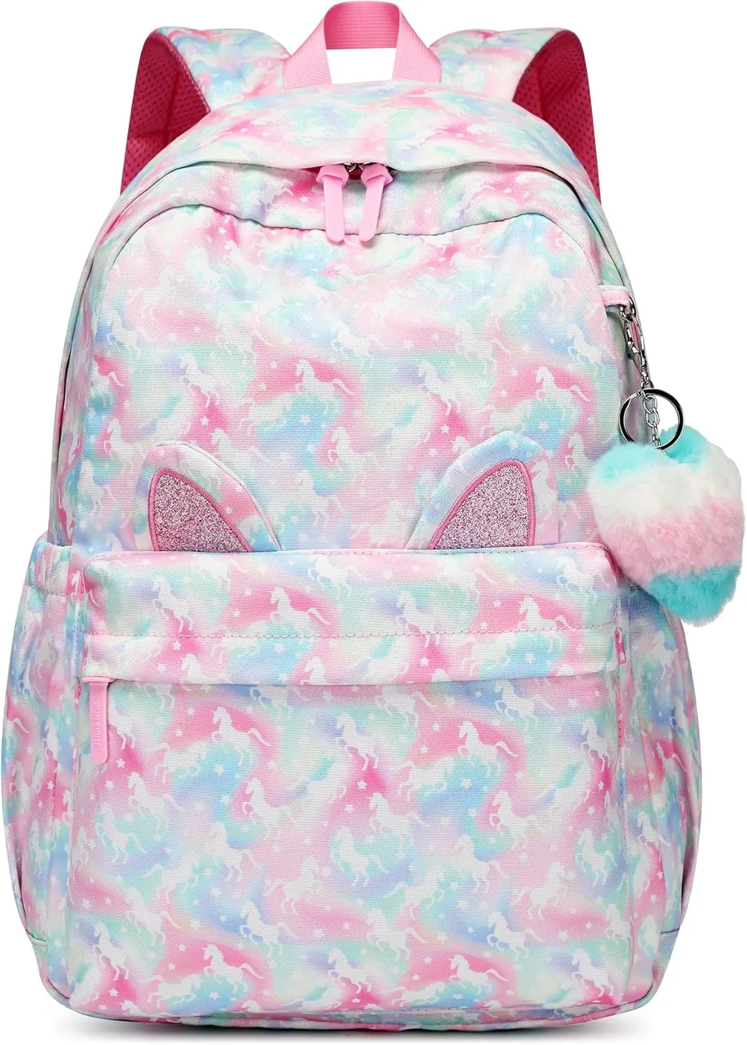 Waterproof School Backpack for Teens Kids 6-18Yrs-Lightweight Large Capacity Bookbag with Cat Ear & Heart Keychain,Durable Travel College Backpack for Daily Use 30L(Light Green Pink)