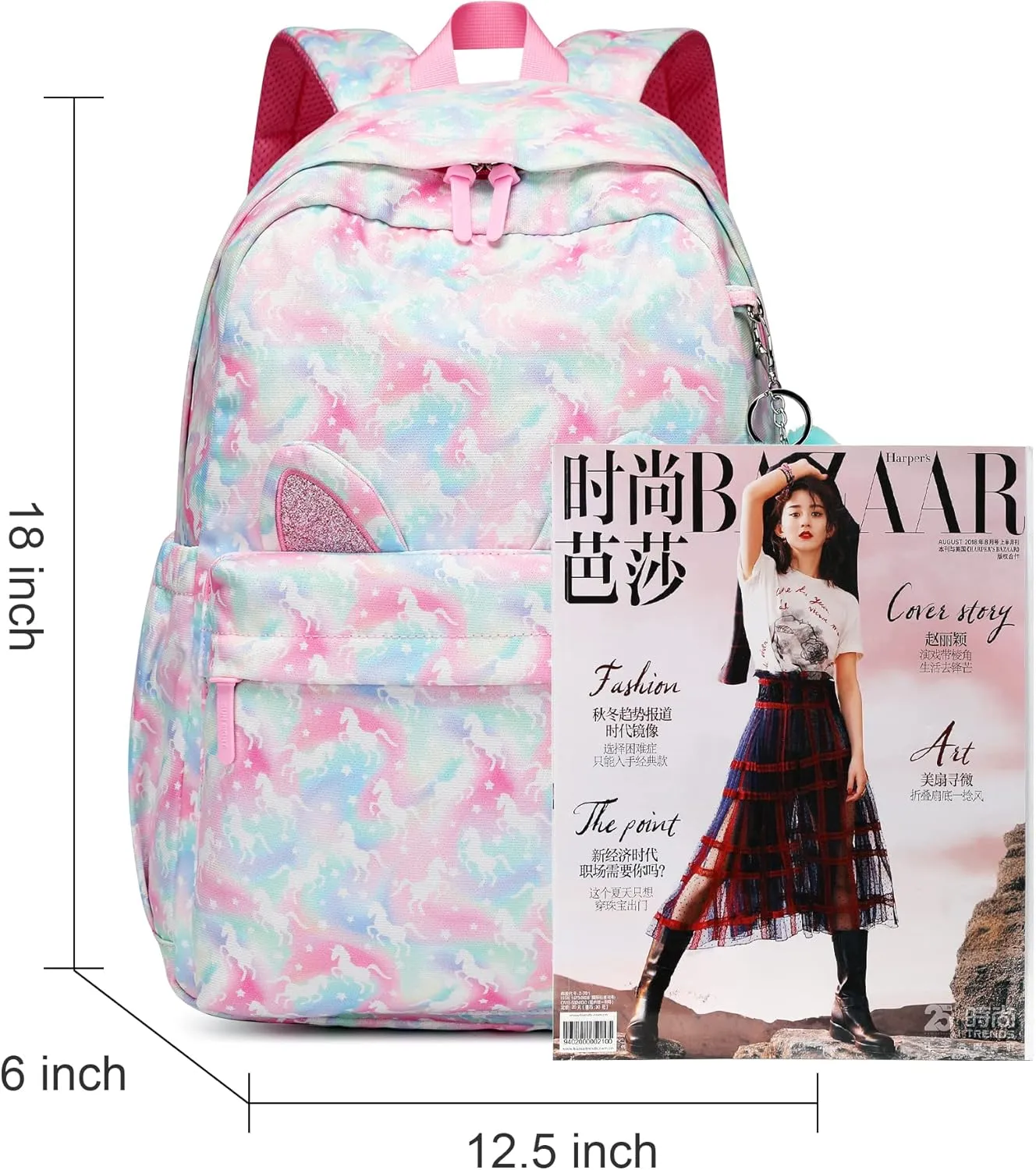 Waterproof School Backpack for Teens Kids 6-18Yrs-Lightweight Large Capacity Bookbag with Cat Ear & Heart Keychain,Durable Travel College Backpack for Daily Use 30L(Light Green Pink)
