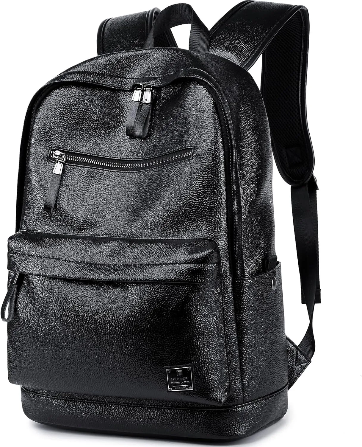 weiatas Black Leather Laptop Backpack for Men Women Work Travel, College School Backpack Casual Daypack fits 15.6 Inch