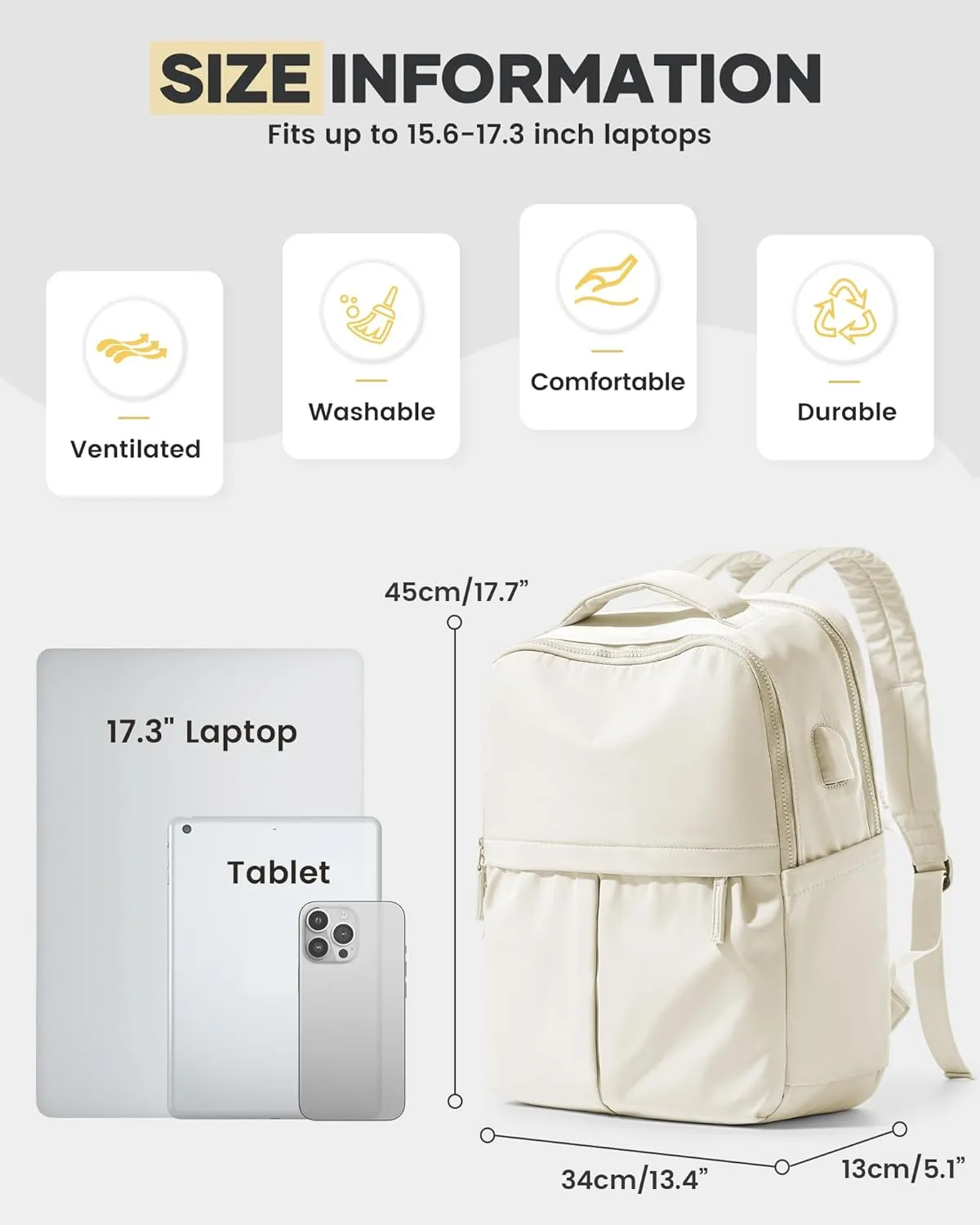 wepadre Beige Laptop Backpack For Women - Travel & Gym Aesthetic College Backpack With Laptop Compartment
