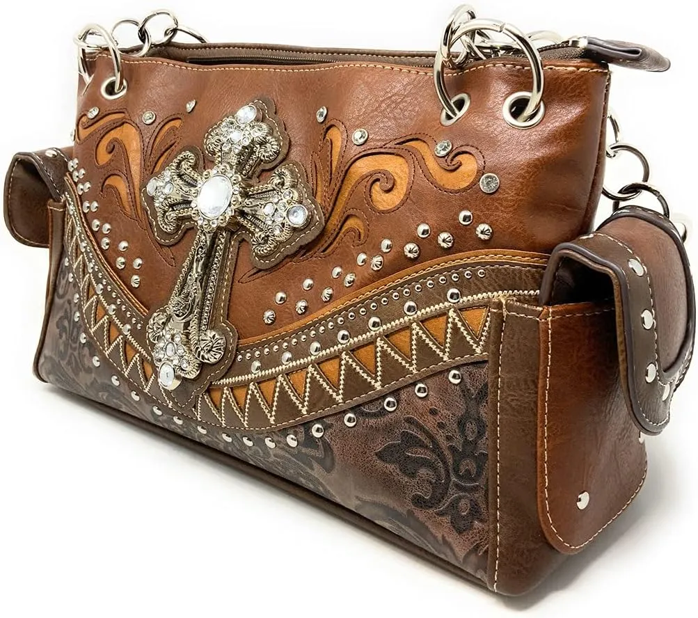 Western Embroidered Rhinestone Cross Purse Handbag Wallet Set in 2 Colors