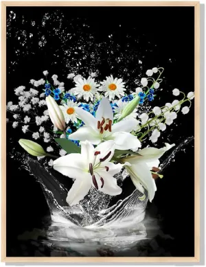 White Lily Floral Bathroom Wall Art Blooming Flower Water Bathroom Pictures Nature Black and White Art Print Decor (F, 12X16 inches)