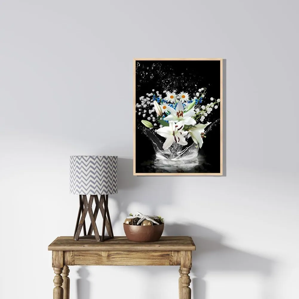 White Lily Floral Bathroom Wall Art Blooming Flower Water Bathroom Pictures Nature Black and White Art Print Decor (F, 12X16 inches)