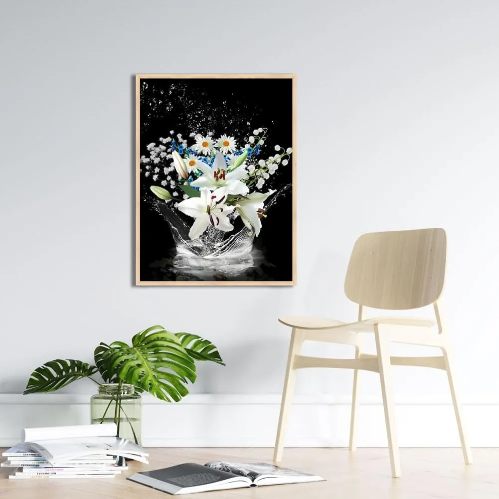White Lily Floral Bathroom Wall Art Blooming Flower Water Bathroom Pictures Nature Black and White Art Print Decor (F, 12X16 inches)