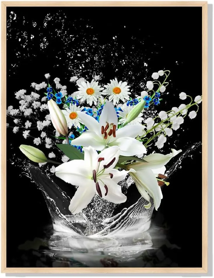 White Lily Floral Bathroom Wall Art Blooming Flower Water Bathroom Pictures Nature Black and White Art Print Decor (F, 12X16 inches)