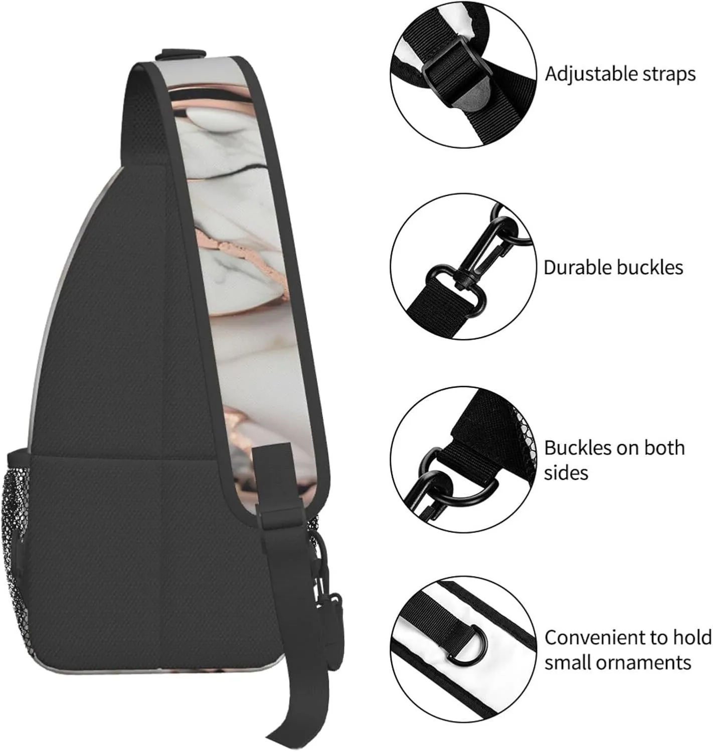 White Marble Rose Gold Pattern High Storage Capacity Chest Bag Diagonally Sling Backpack Crossbody Shoulder Bag For Men Women