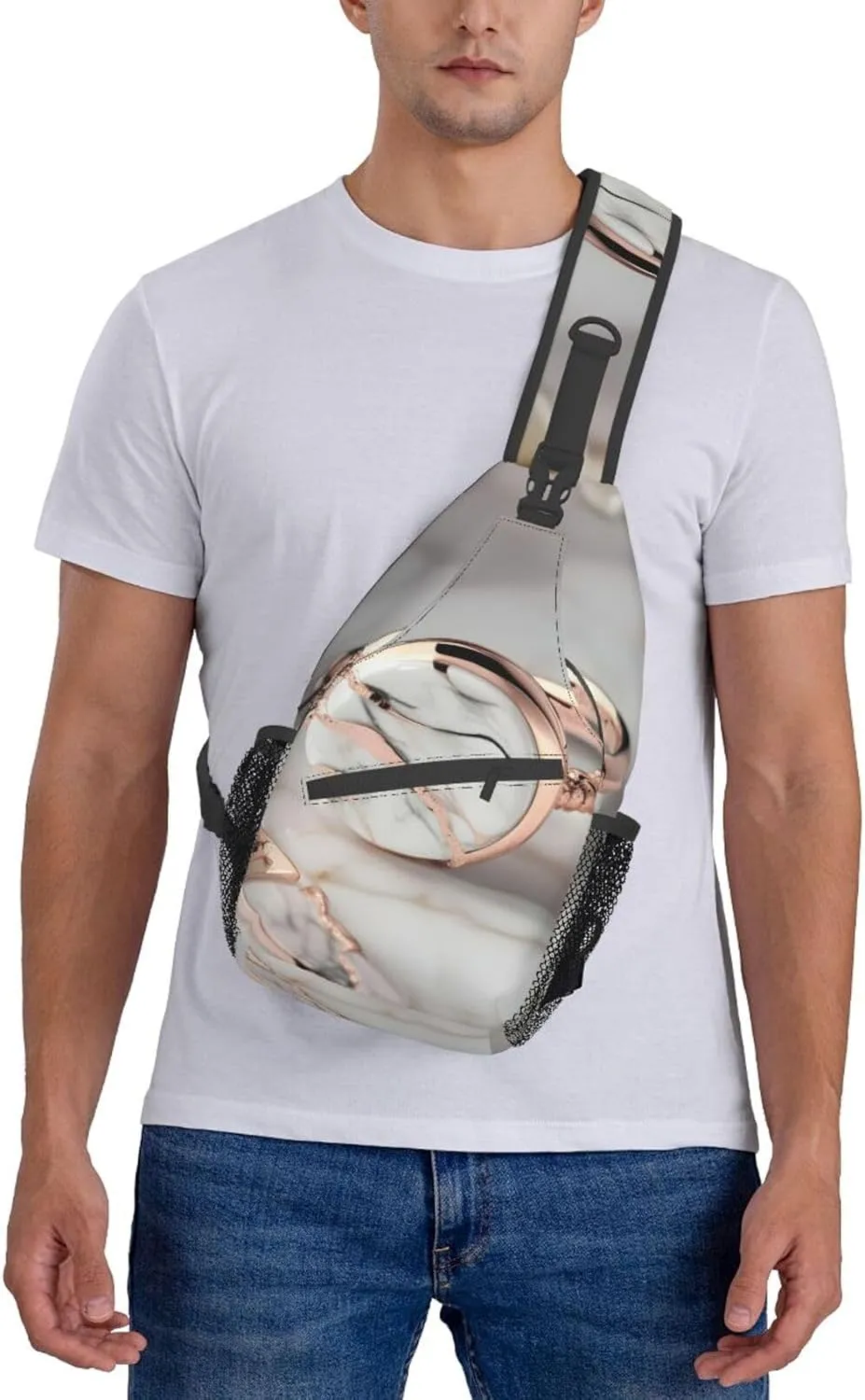 White Marble Rose Gold Pattern High Storage Capacity Chest Bag Diagonally Sling Backpack Crossbody Shoulder Bag For Men Women