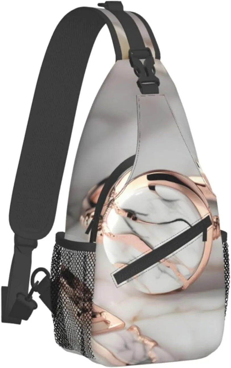 White Marble Rose Gold Pattern High Storage Capacity Chest Bag Diagonally Sling Backpack Crossbody Shoulder Bag For Men Women