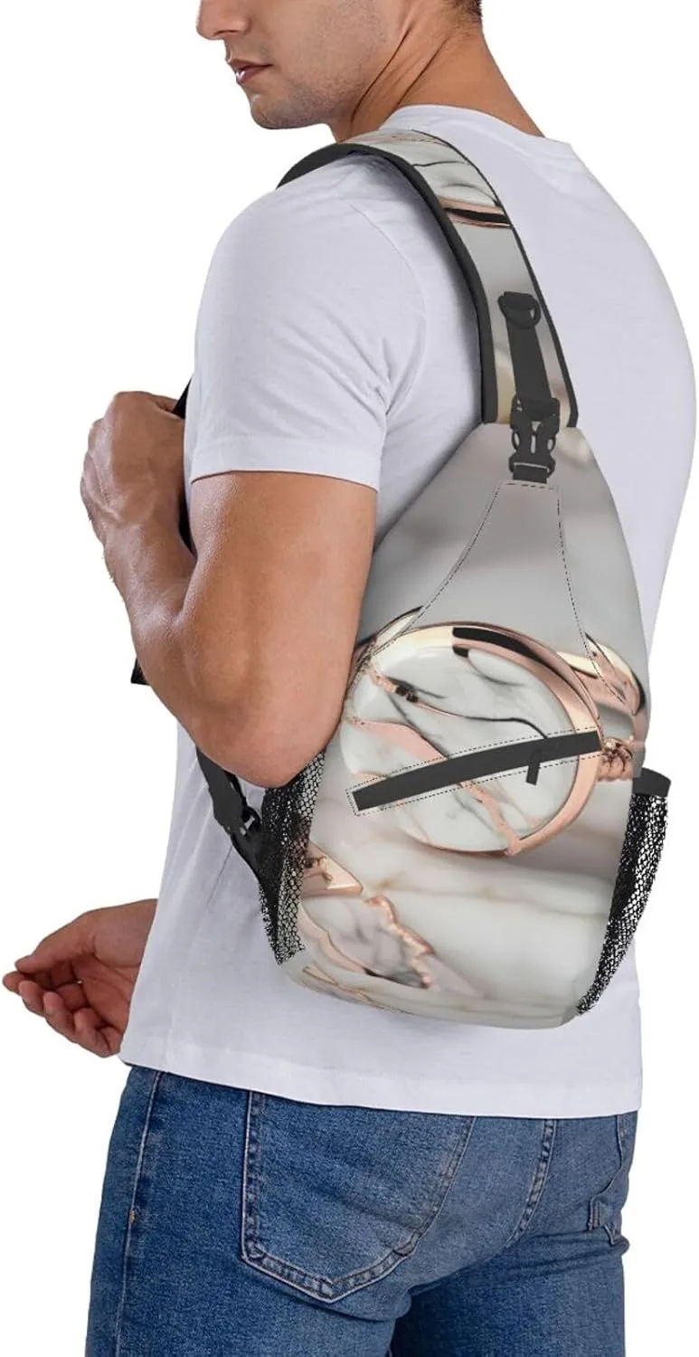 White Marble Rose Gold Pattern High Storage Capacity Chest Bag Diagonally Sling Backpack Crossbody Shoulder Bag For Men Women