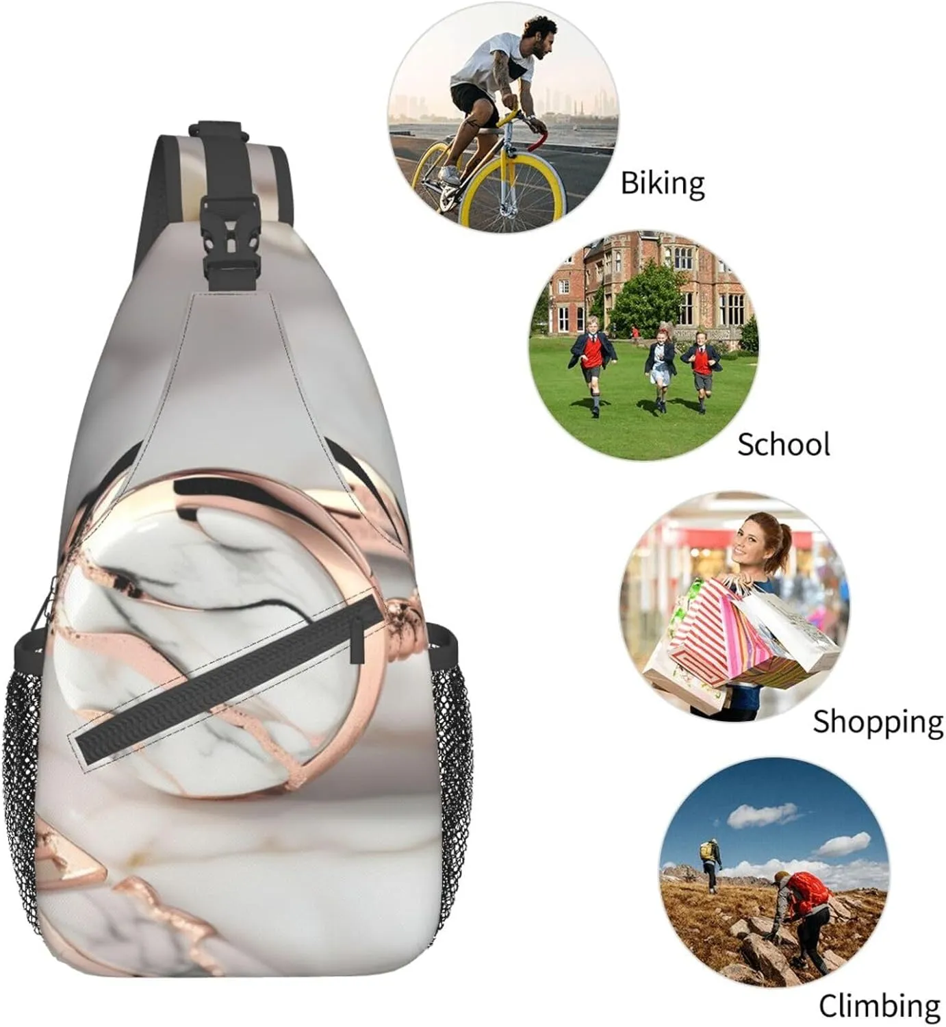 White Marble Rose Gold Pattern High Storage Capacity Chest Bag Diagonally Sling Backpack Crossbody Shoulder Bag For Men Women