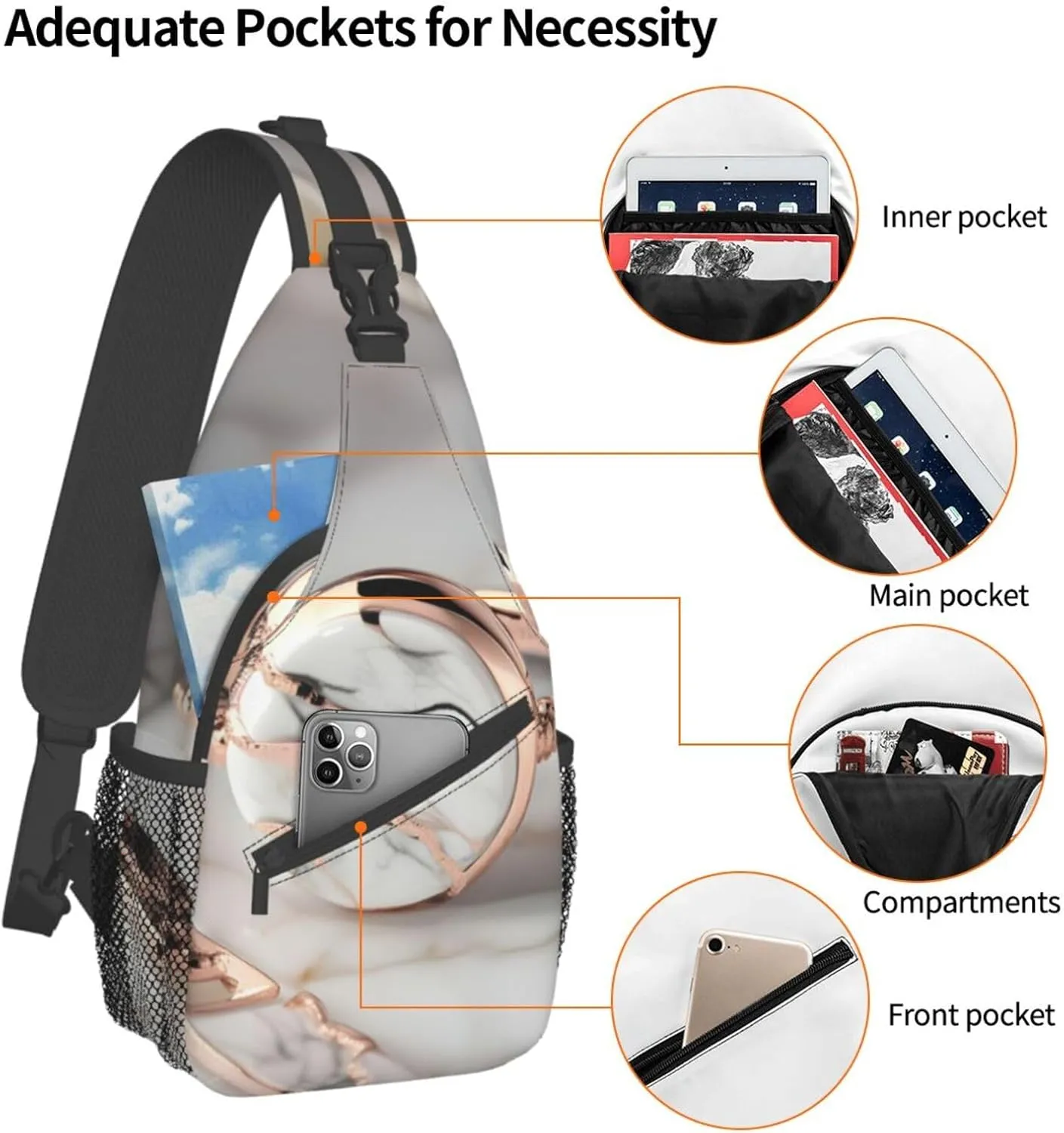 White Marble Rose Gold Pattern High Storage Capacity Chest Bag Diagonally Sling Backpack Crossbody Shoulder Bag For Men Women
