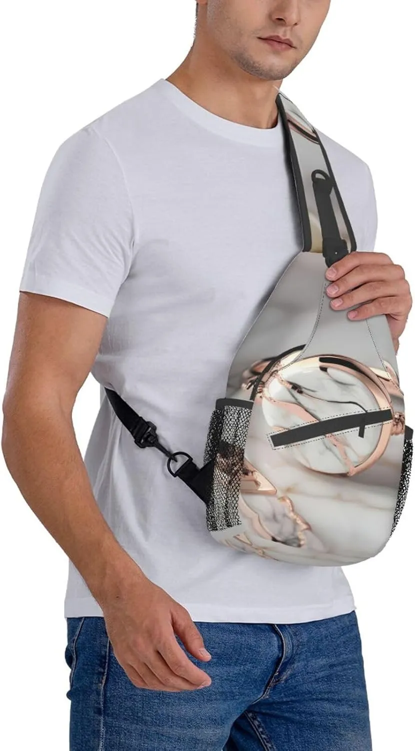 White Marble Rose Gold Pattern High Storage Capacity Chest Bag Diagonally Sling Backpack Crossbody Shoulder Bag For Men Women