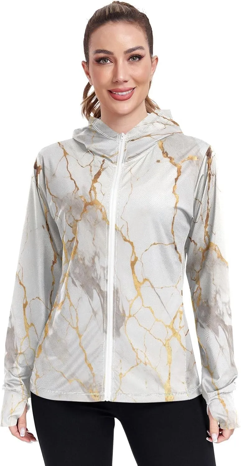 White Marble with Gold Uv Jacket Women, Upf 50  Zip up Long Sleeve Beach Shirt
