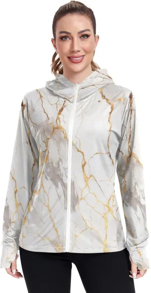 White Marble with Gold Uv Jacket Women, Upf 50  Zip up Long Sleeve Beach Shirt