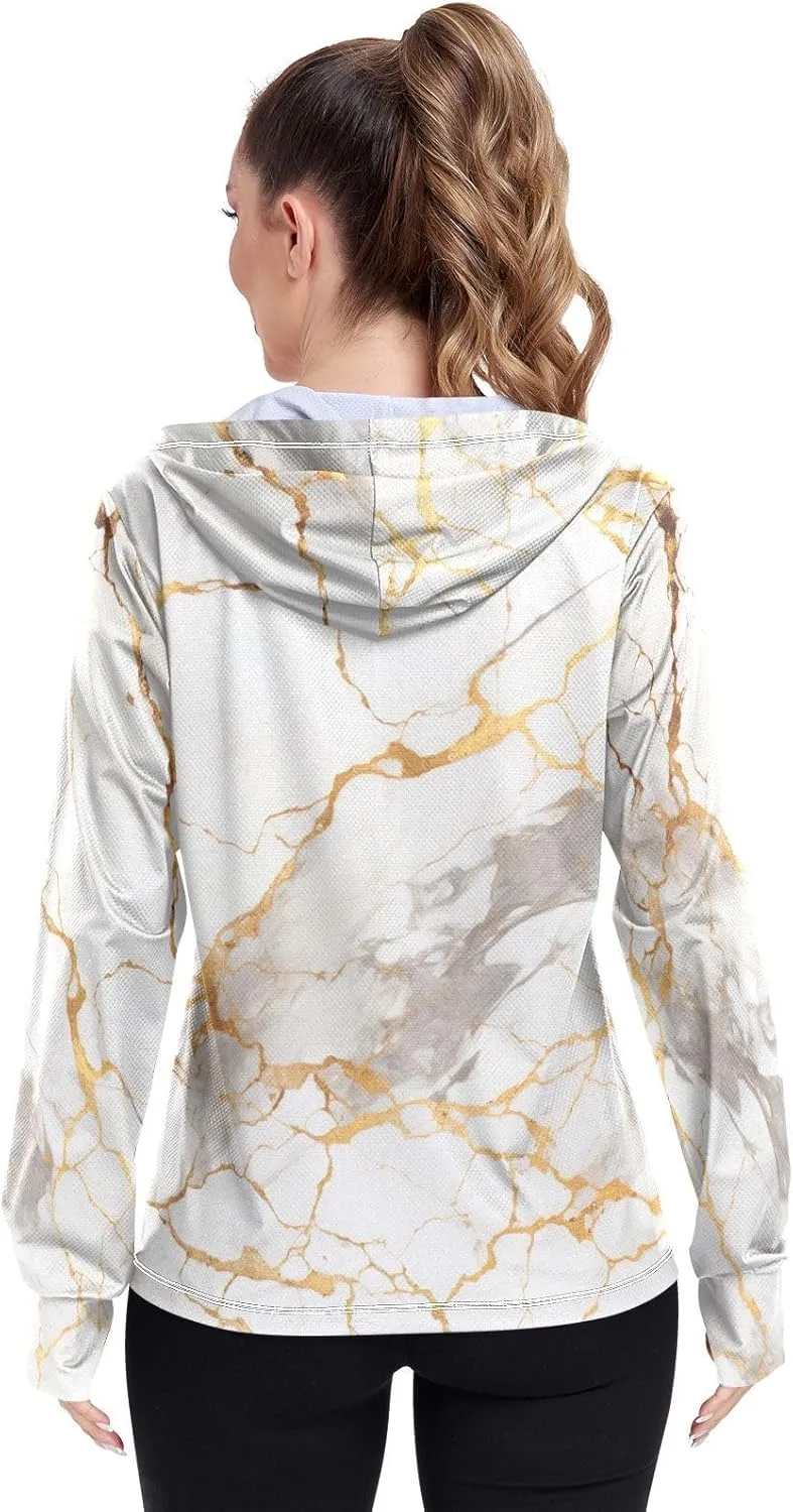 White Marble with Gold Uv Jacket Women, Upf 50  Zip up Long Sleeve Beach Shirt