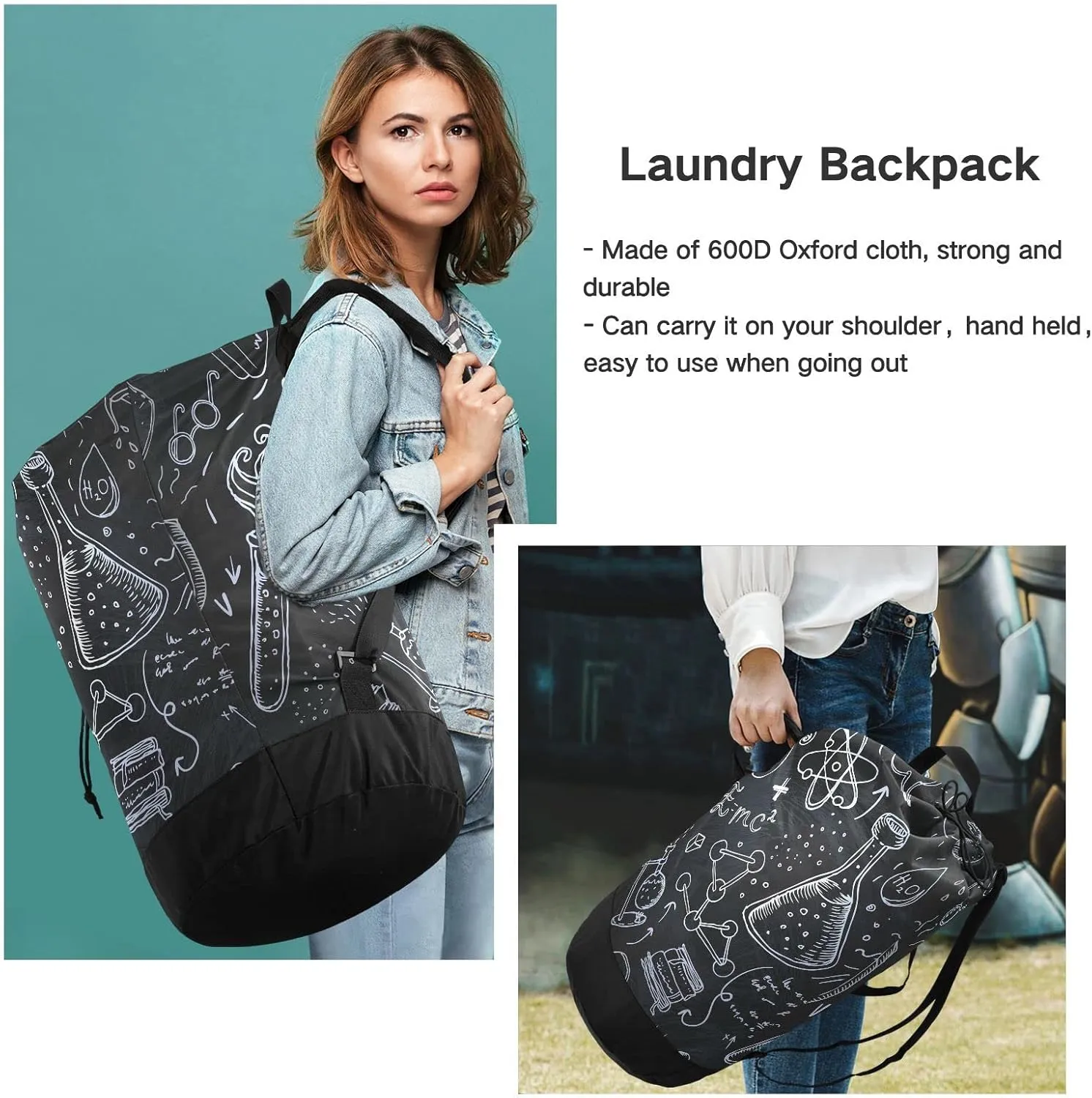 White Science Lab Objects Doodles on Chalkboard Backpack Laundry Bag, Laundry Backpack with Shoulder Straps, Waterproof Nylon Clothes Hamper Bag for Men Women Yoga Backpack