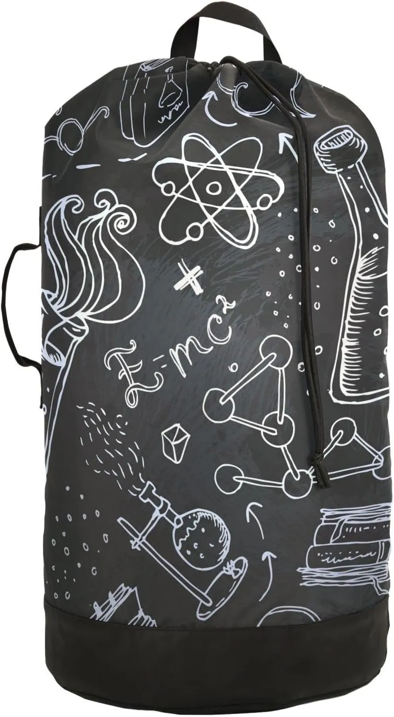 White Science Lab Objects Doodles on Chalkboard Backpack Laundry Bag, Laundry Backpack with Shoulder Straps, Waterproof Nylon Clothes Hamper Bag for Men Women Yoga Backpack