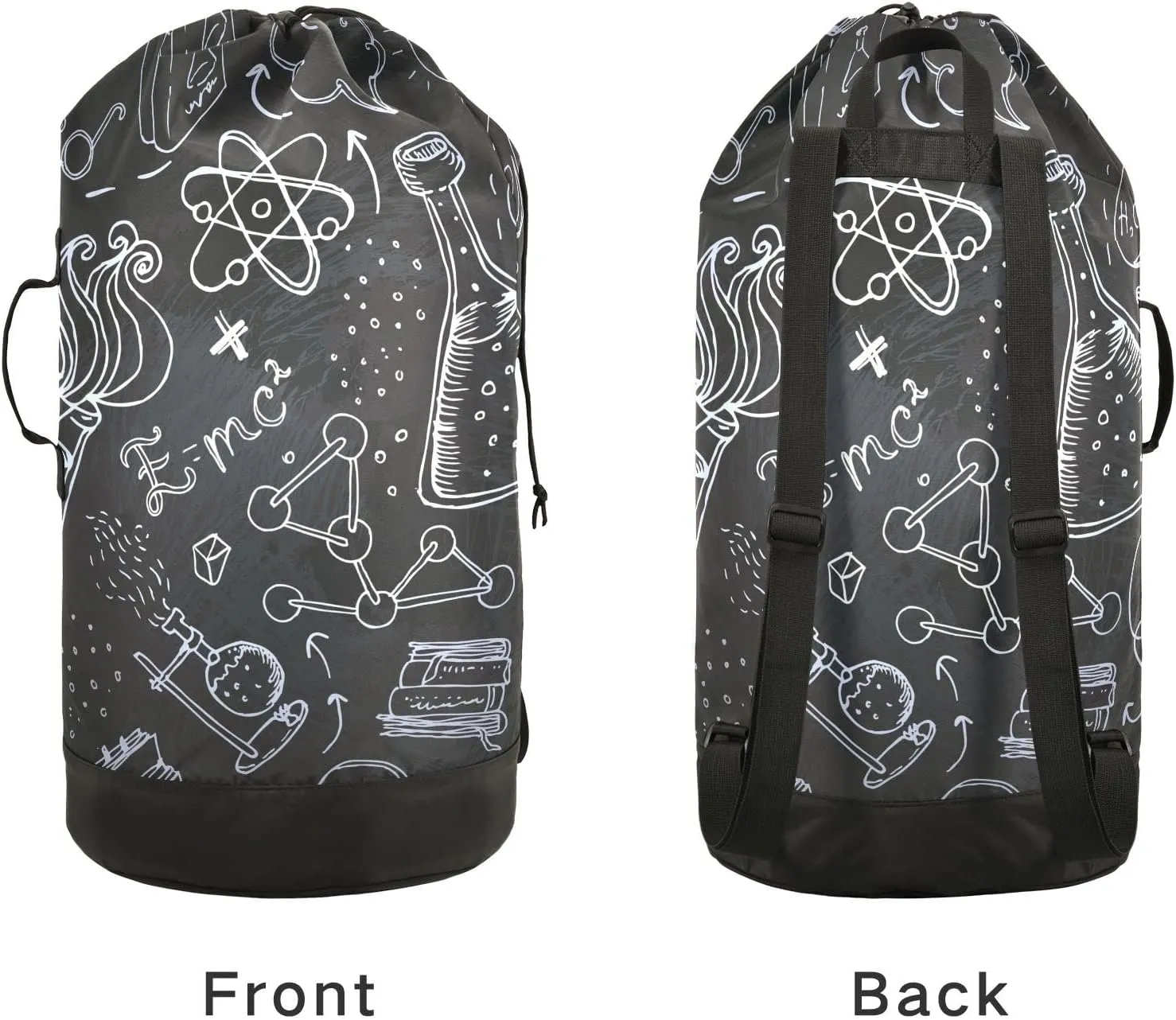 White Science Lab Objects Doodles on Chalkboard Backpack Laundry Bag, Laundry Backpack with Shoulder Straps, Waterproof Nylon Clothes Hamper Bag for Men Women Yoga Backpack