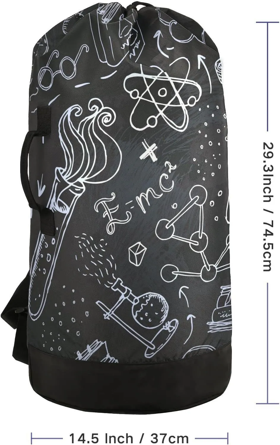 White Science Lab Objects Doodles on Chalkboard Backpack Laundry Bag, Laundry Backpack with Shoulder Straps, Waterproof Nylon Clothes Hamper Bag for Men Women Yoga Backpack