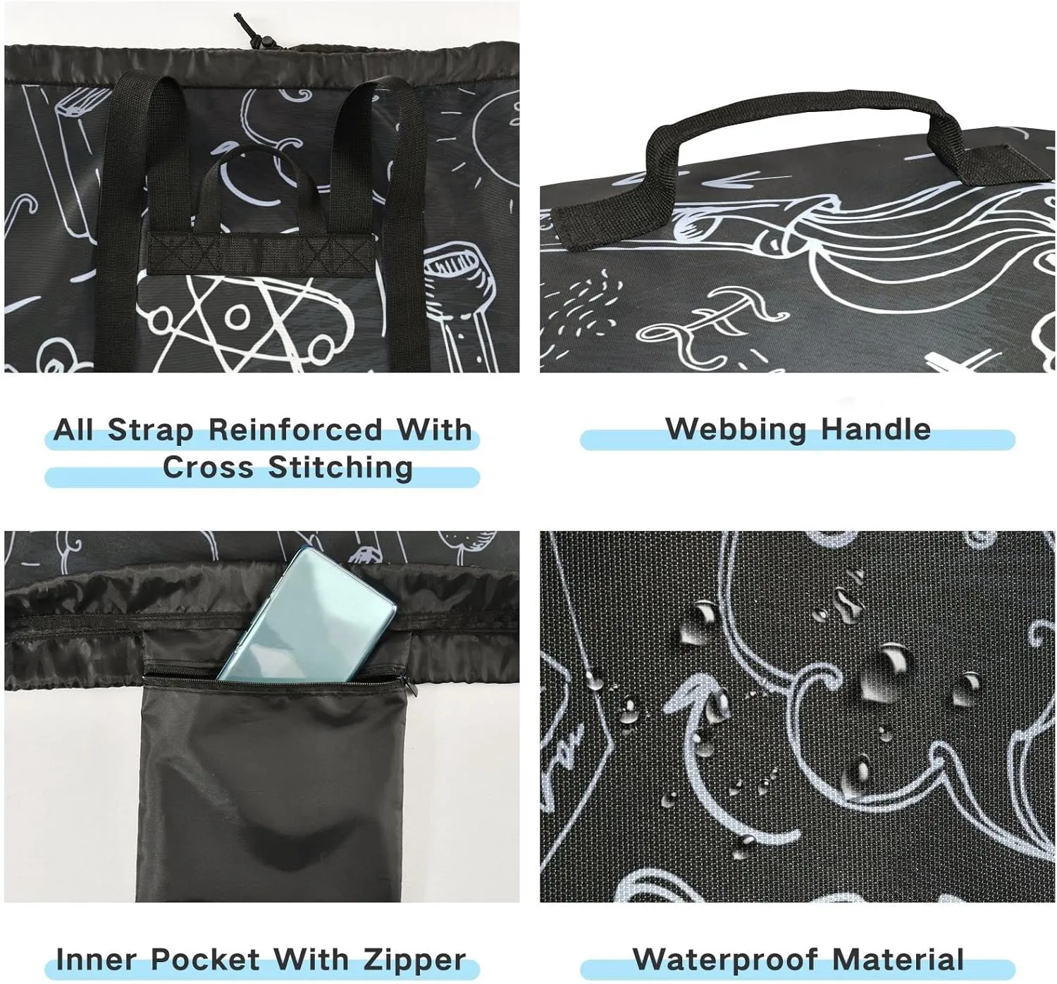 White Science Lab Objects Doodles on Chalkboard Backpack Laundry Bag, Laundry Backpack with Shoulder Straps, Waterproof Nylon Clothes Hamper Bag for Men Women Yoga Backpack