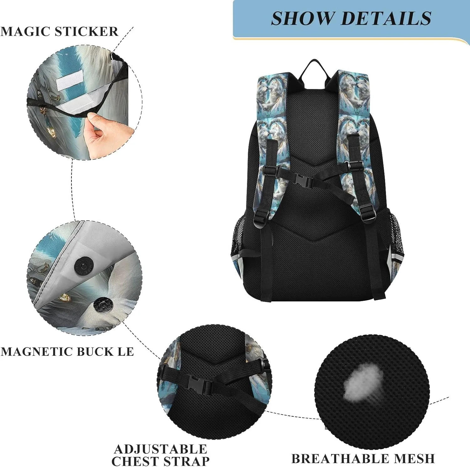 White Wolves Gazing Backpack for Boys Girls Students Bookbag School Daypack