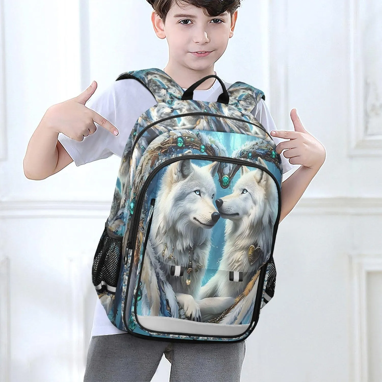 White Wolves Gazing Backpack for Boys Girls Students Bookbag School Daypack