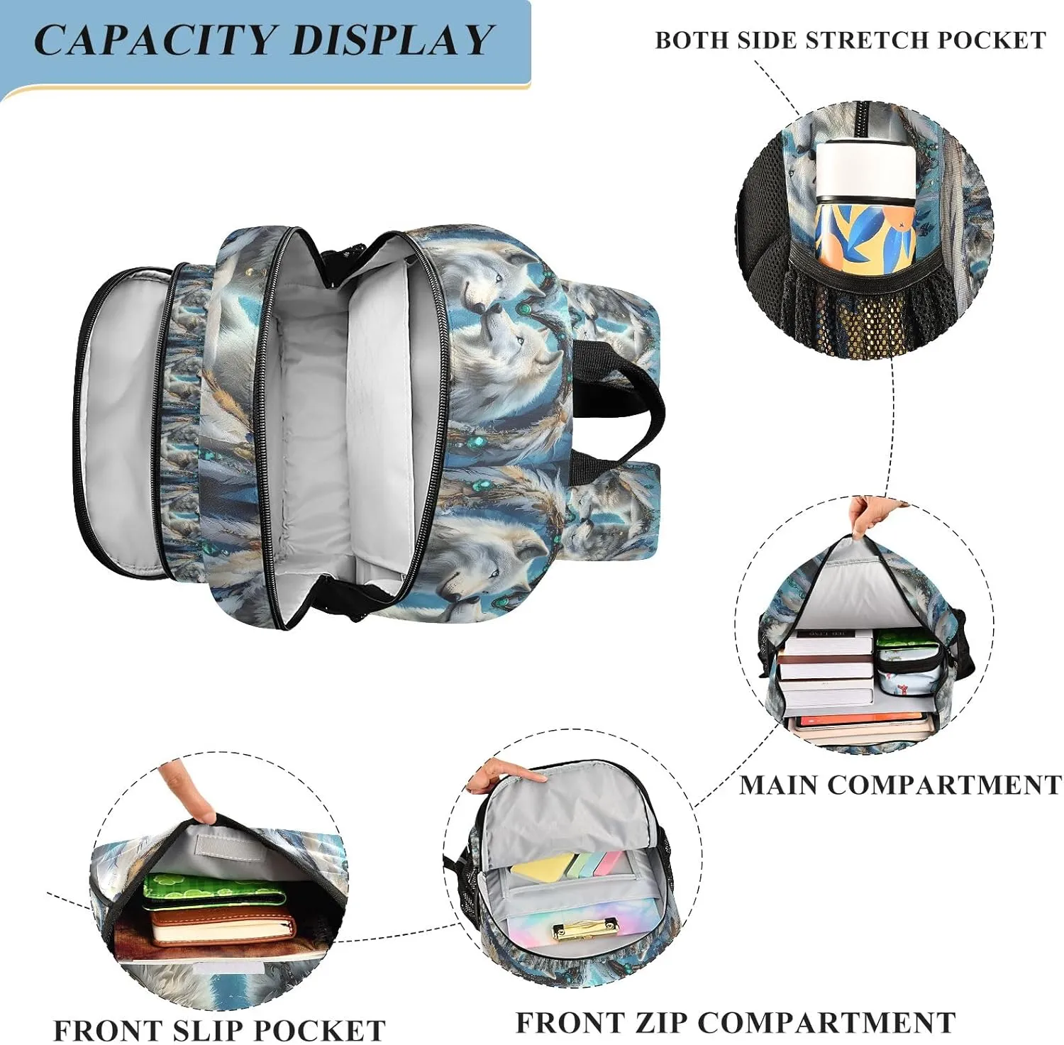 White Wolves Gazing Backpack for Boys Girls Students Bookbag School Daypack