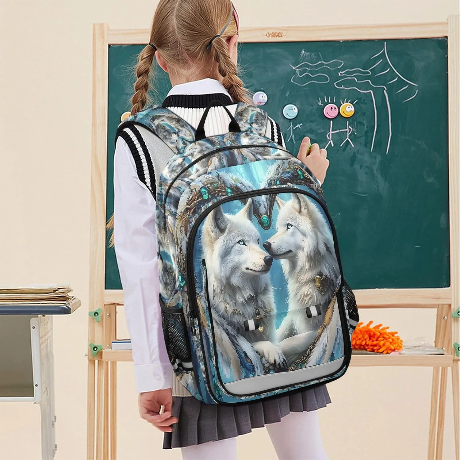 White Wolves Gazing Backpack for Boys Girls Students Bookbag School Daypack