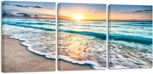 Wieco Art 3 Panel Blue Beach Canvas Wall Art for Home Decor Sunset White Wave Beach Pictures on Canvas Sea View Canvas Prints Artwork for Wall Decor Living Room Decorations