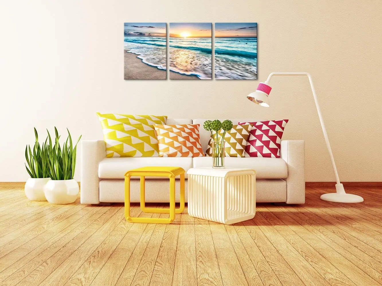 Wieco Art 3 Panel Blue Beach Canvas Wall Art for Home Decor Sunset White Wave Beach Pictures on Canvas Sea View Canvas Prints Artwork for Wall Decor Living Room Decorations