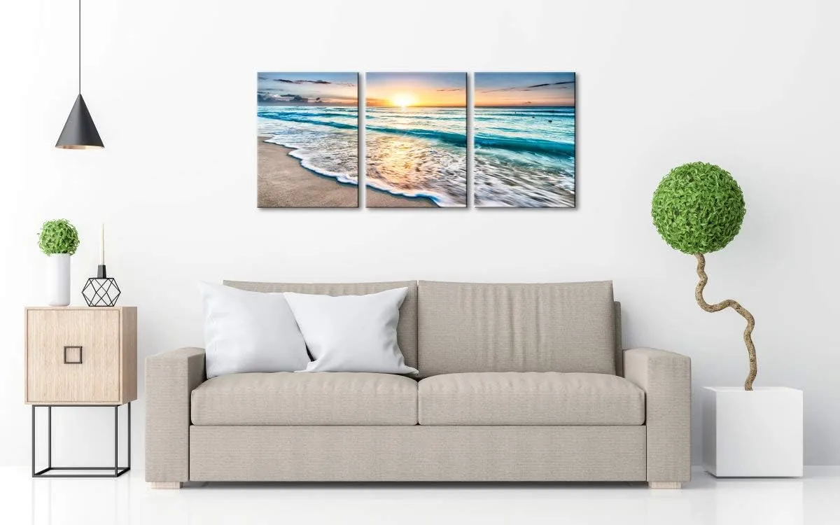 Wieco Art 3 Panel Blue Beach Canvas Wall Art for Home Decor Sunset White Wave Beach Pictures on Canvas Sea View Canvas Prints Artwork for Wall Decor Living Room Decorations