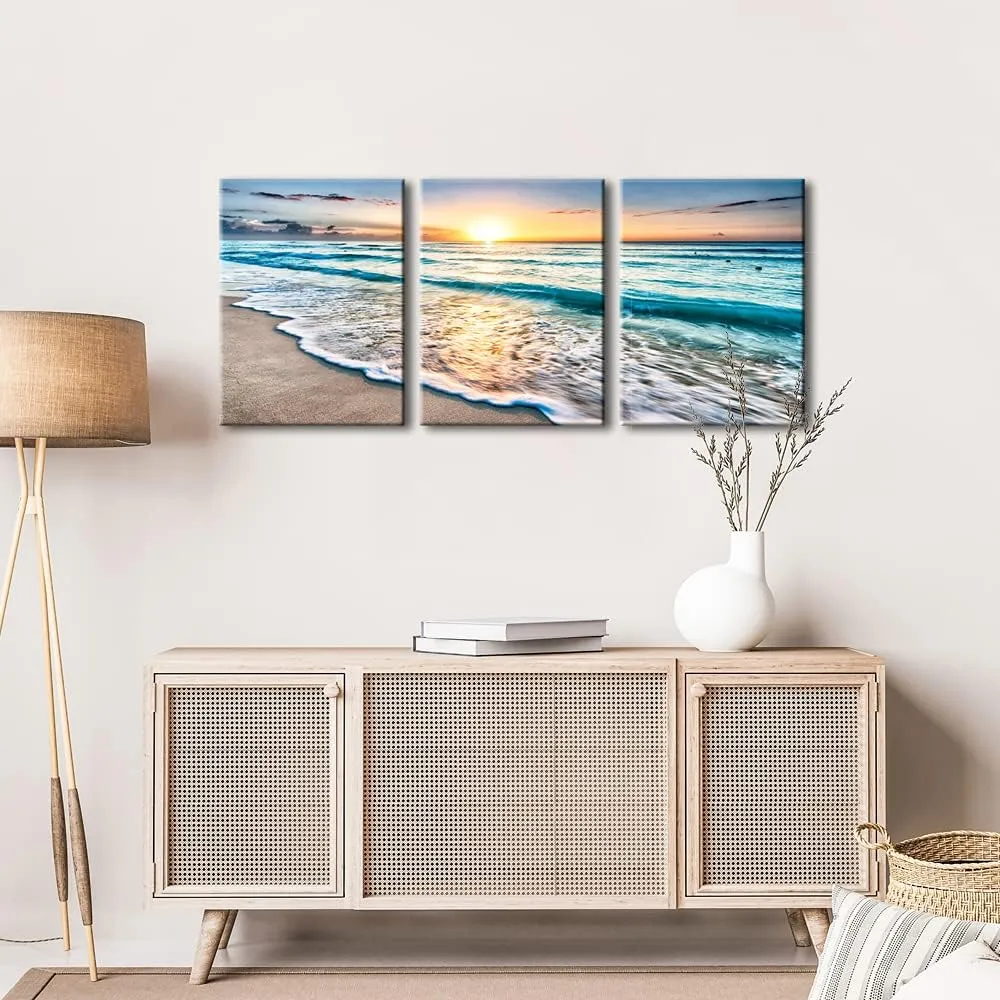 Wieco Art 3 Panel Blue Beach Canvas Wall Art for Home Decor Sunset White Wave Beach Pictures on Canvas Sea View Canvas Prints Artwork for Wall Decor Living Room Decorations