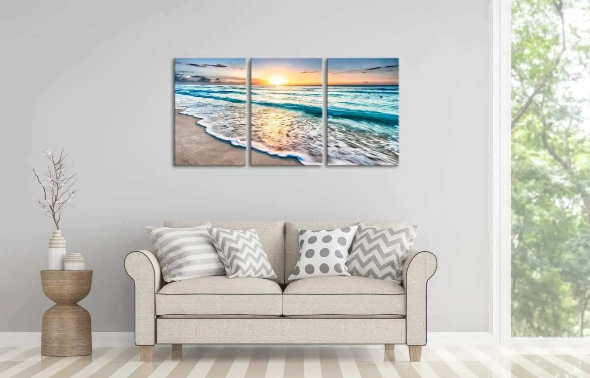 Wieco Art 3 Panels Blue Beach Sunrise White Wave Pictures on Canvas Wall Art Modern Stretched Seascape Canvas Prints Seaview Artwork for Home Office Decorations