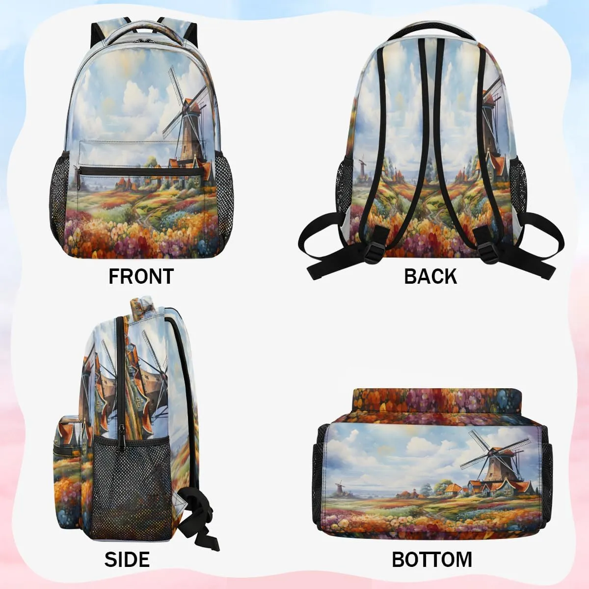Windmill Backpack with Chest Strap, Casual Backpack for Women Men, 16 Inch Daypack for Travel Work, Garden