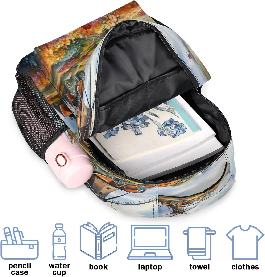 Windmill Backpack with Chest Strap, Casual Backpack for Women Men, 16 Inch Daypack for Travel Work, Garden