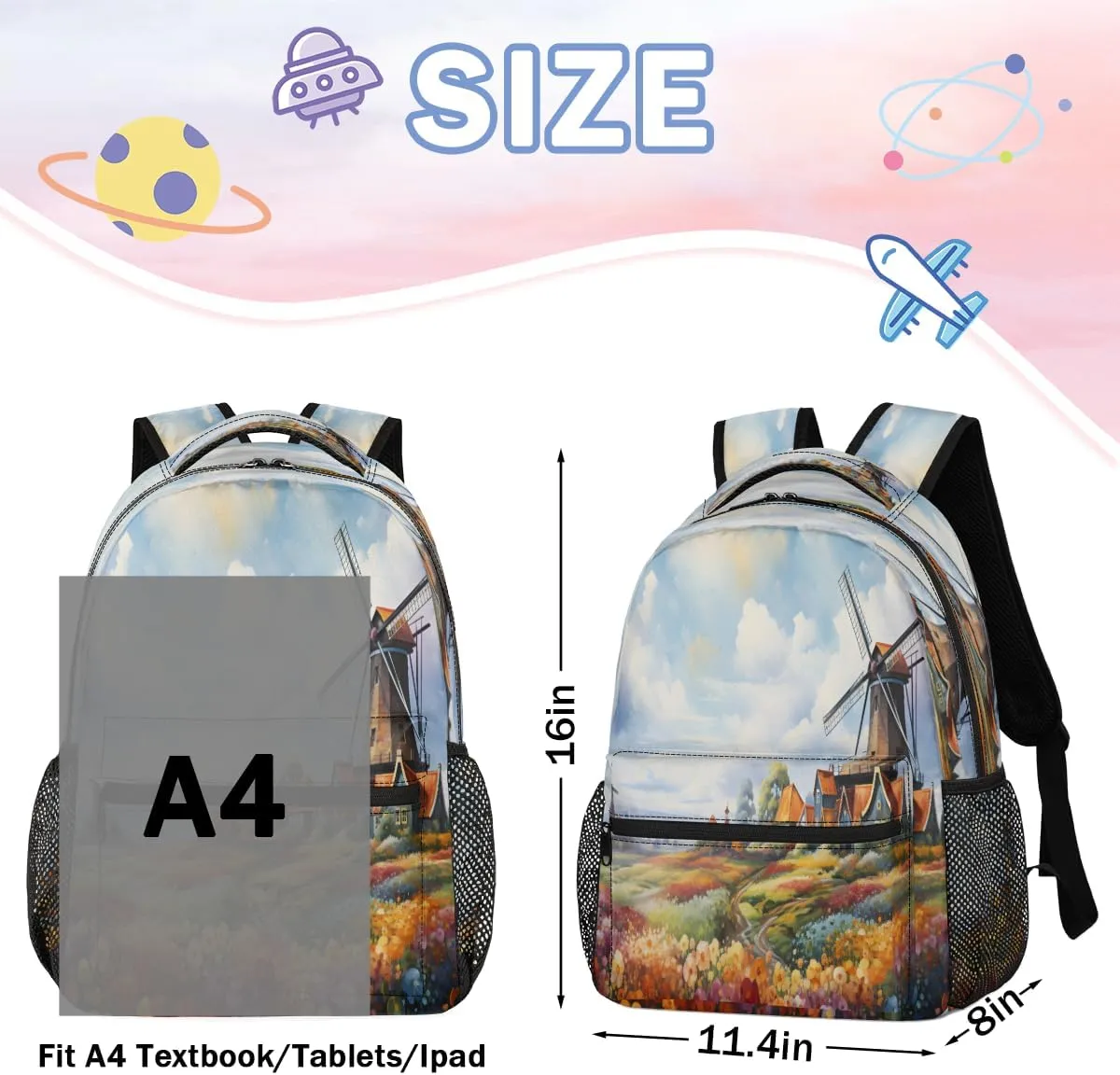 Windmill Backpack with Chest Strap, Casual Backpack for Women Men, 16 Inch Daypack for Travel Work, Garden