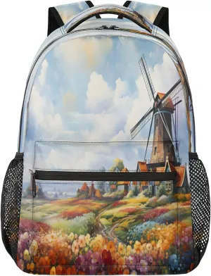Windmill Backpack with Chest Strap, Casual Backpack for Women Men, 16 Inch Daypack for Travel Work, Garden