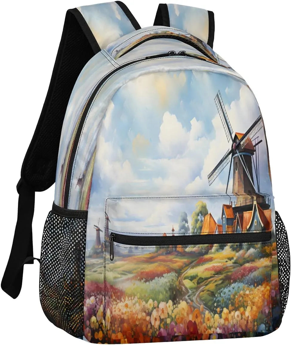 Windmill Backpack with Chest Strap, Casual Backpack for Women Men, 16 Inch Daypack for Travel Work, Garden