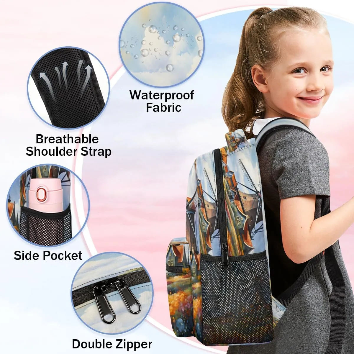 Windmill Backpack with Chest Strap, Casual Backpack for Women Men, 16 Inch Daypack for Travel Work, Garden