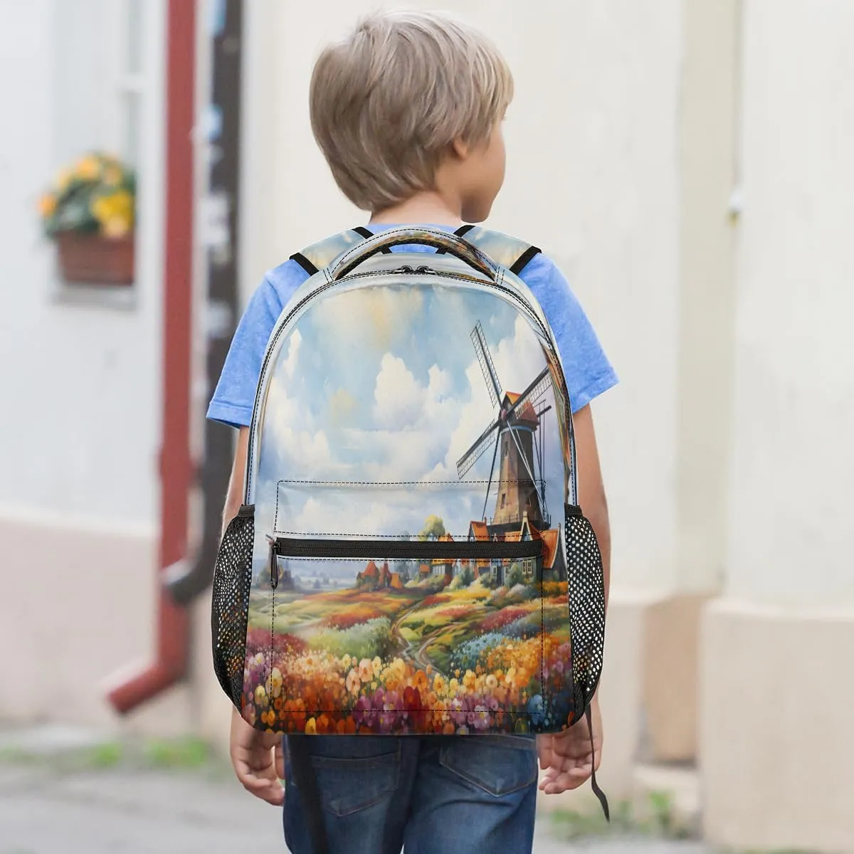 Windmill Backpack with Chest Strap, Casual Backpack for Women Men, 16 Inch Daypack for Travel Work, Garden