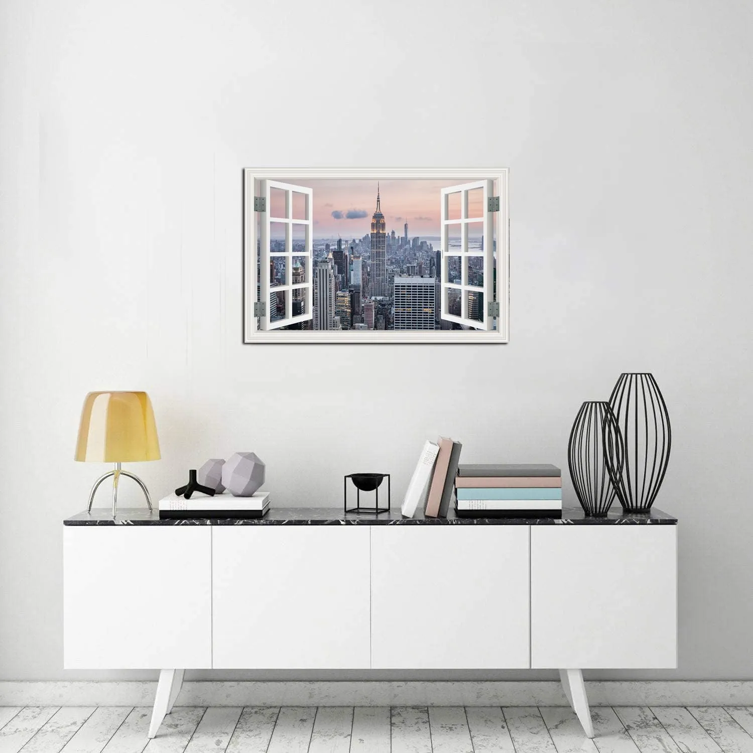 Window View New York Skyline Canvas Wall Art- City Landscape Canvas Print Pictures Painting Artwork Framed for Living Room Bedroom Bathrom Offce Decor-24"x36"