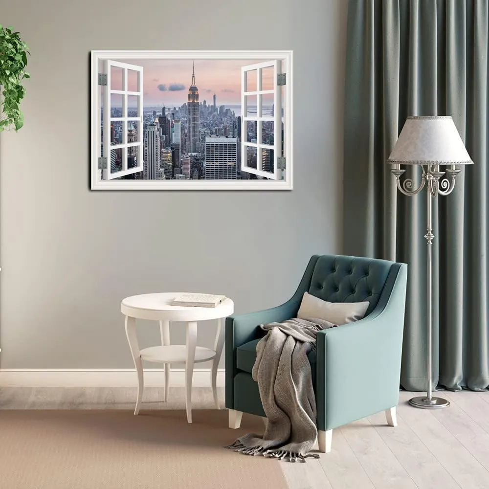 Window View New York Skyline Canvas Wall Art- City Landscape Canvas Print Pictures Painting Artwork Framed for Living Room Bedroom Bathrom Offce Decor-24"x36"