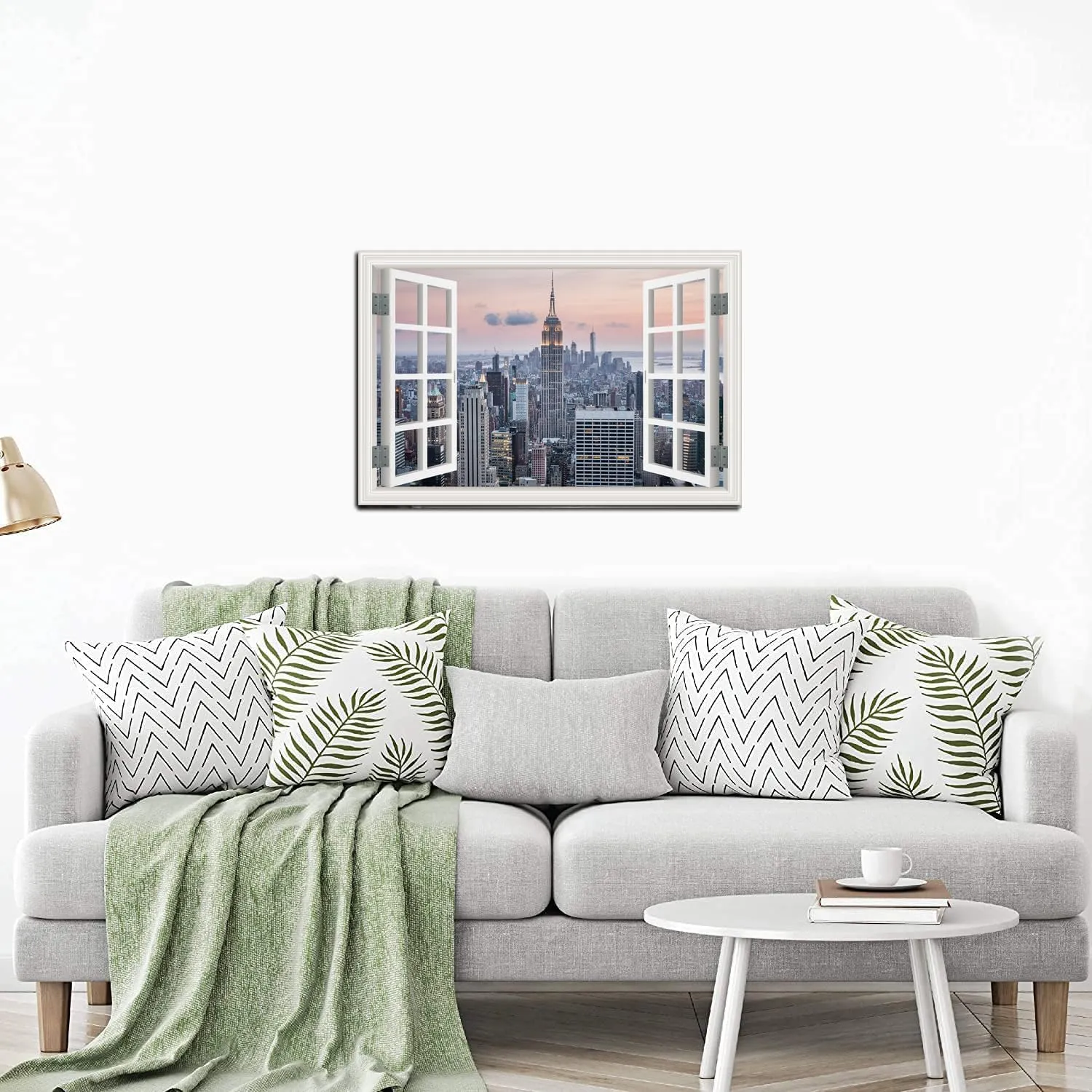 Window View New York Skyline Canvas Wall Art- City Landscape Canvas Print Pictures Painting Artwork Framed for Living Room Bedroom Bathrom Offce Decor-24"x36"