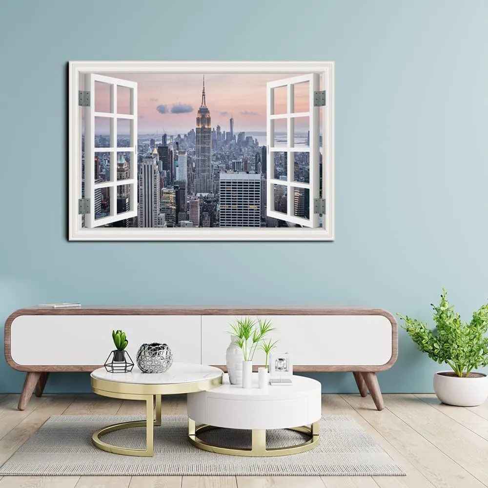 Window View New York Skyline Canvas Wall Art- City Landscape Canvas Print Pictures Painting Artwork Framed for Living Room Bedroom Bathrom Offce Decor-24"x36"