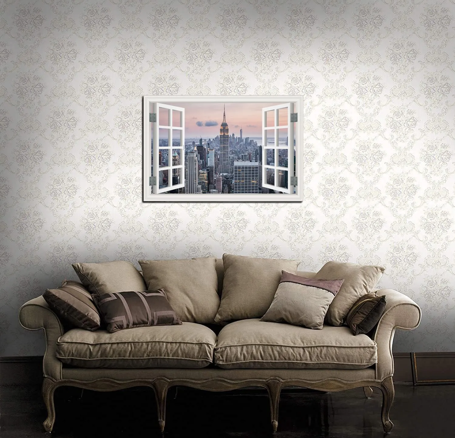 Window View New York Skyline Canvas Wall Art- City Landscape Canvas Print Pictures Painting Artwork Framed for Living Room Bedroom Bathrom Offce Decor-24"x36"